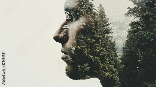 Double exposure combines face and forest. The concept of the unity of nature and man. The vitality of the human soul in nature illustration. Illustration for cover, card, interior design, poster, etc © Login