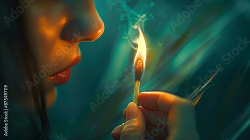 A close-up profile of a woman's face staring fixedly at the flame of the match. Make a decision while the match is burning. Illustration for cover, card, interior design, brochure or presentation.