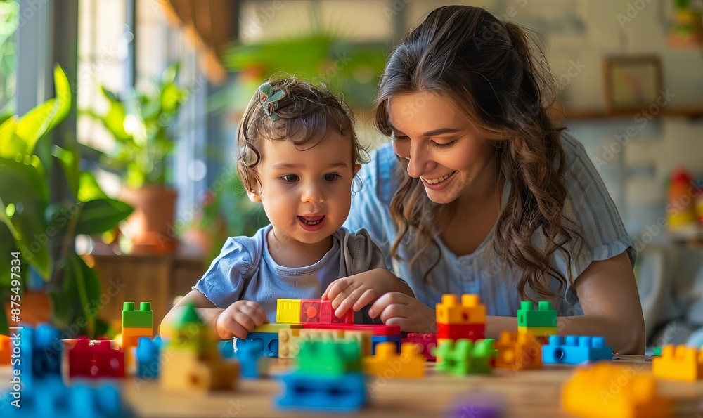 a babysitter assisting a child in building a colorful tower of blocks a babysitter assisting a child in building a colorful tower of blocks