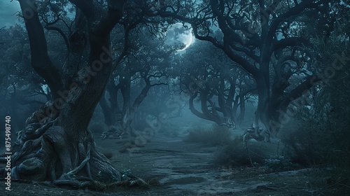 An_ancient_forest_with_gnarled_trees_and_a_full_moon_cast_night_horror_scene © SazzadurRahaman