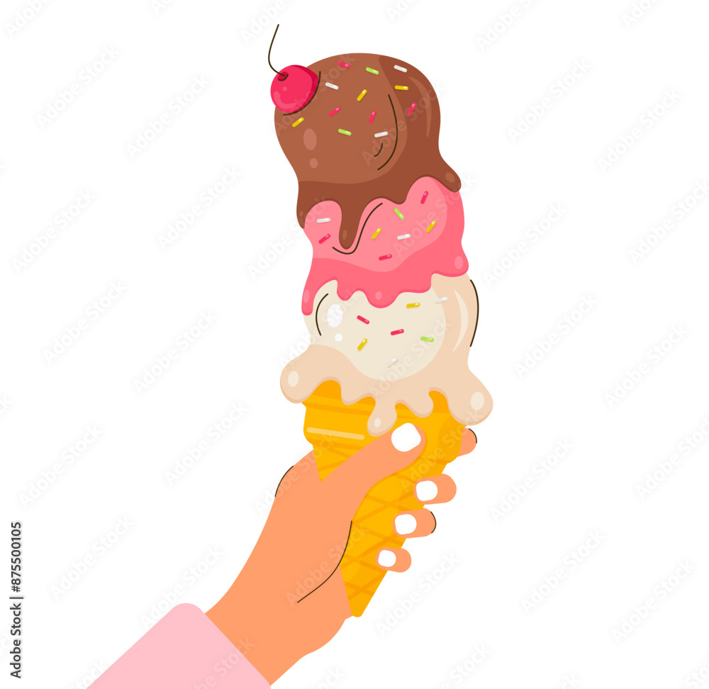 Obraz premium Hand holding colourful ice cream in a waffle cone with sprinkles and a cherry. Food concept for banner, card, menu, cafe. Isolated on white background. Vector illustration