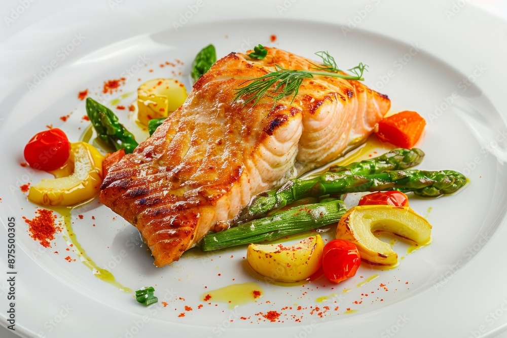 Asparagus and tomatoes tossed with herbs are garnished with baked salmon Asparagus and tomatoes tossed with herbs are garnished with baked salmon