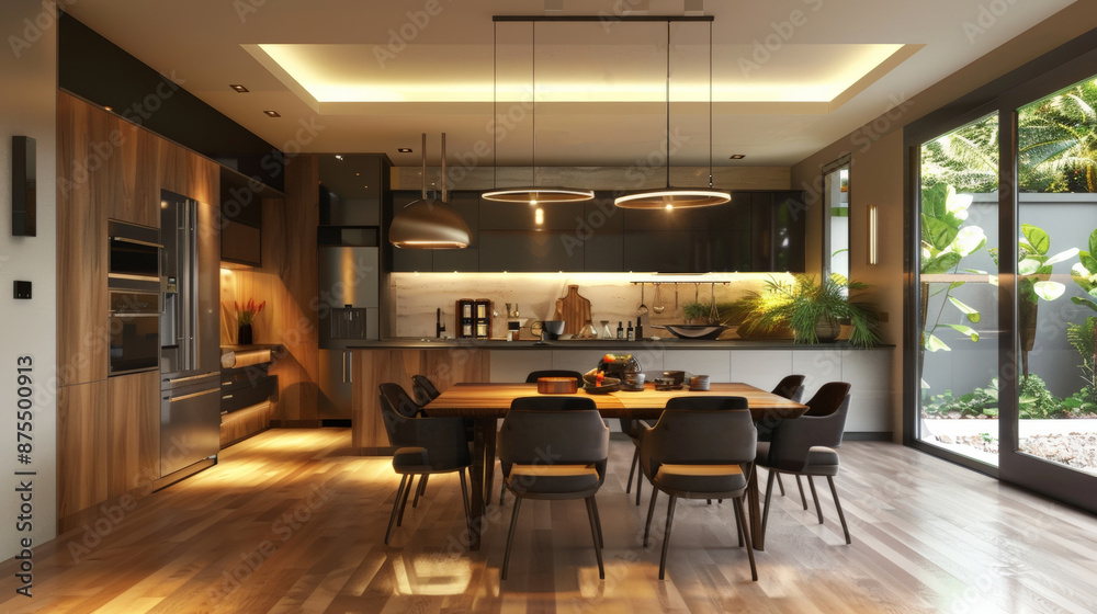 A spacious kitchen and dining room with warm lighting, wood floors, and large glass doors opening to an outdoor patio A spacious kitchen and dining room with warm lighting, wood floors, and large glass doors opening to an outdoor patio