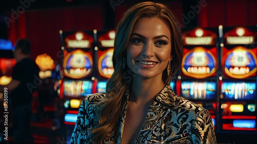 Wallpaper Mural Happy young woman smiling near slot machines in a casino Torontodigital.ca