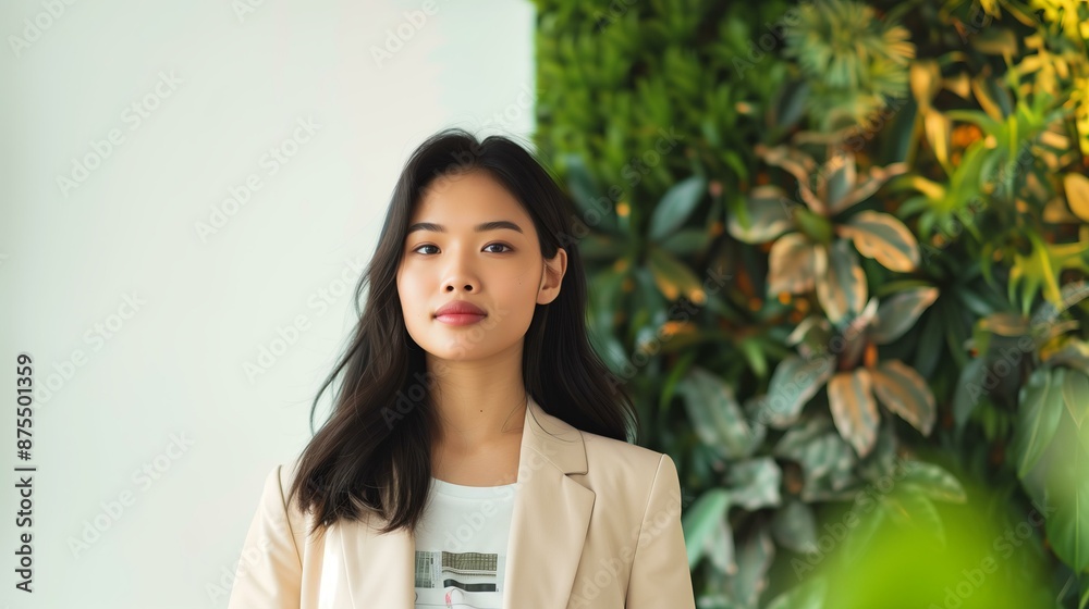 young asian woman with long, sleek black hair, engaged in a meeting in a modern office with a green feature wall. She is wearing a fitted blazer over a graphic tee young asian woman with long, sleek black hair, engaged in a meeting in a modern office with a green feature wall. She is wearing a fitted blazer over a graphic tee