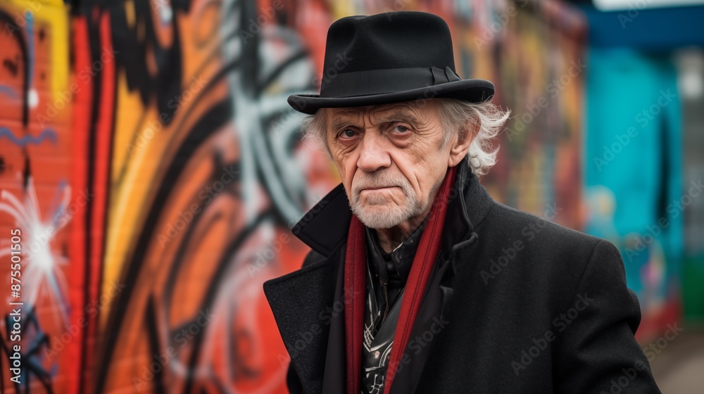 Elderly man wearing a hat and coat, with graffiti in the background Elderly man wearing a hat and coat, with graffiti in the background