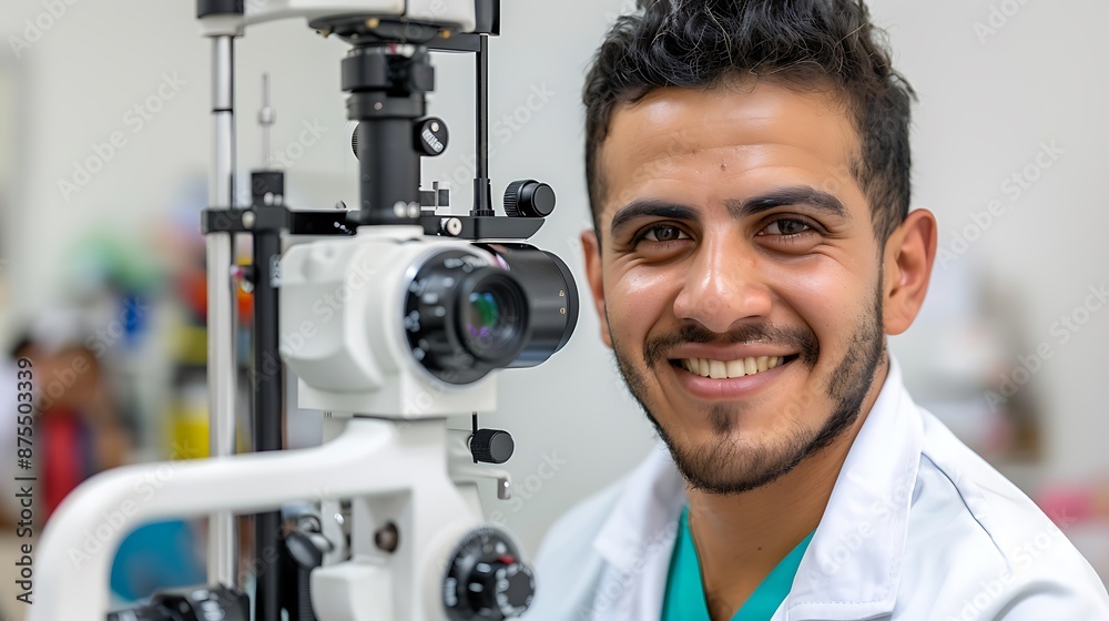 A smiling eye care volunteer conducting an eye exam for a community member in a rural setting, showcasing the outreach and impact of World Sight Day initiatives, with a supportive and encouraging A smiling eye care volunteer conducting an eye exam for a community member in a rural setting, showcasing the outreach and impact of World Sight Day initiatives, with a supportive and encouraging
