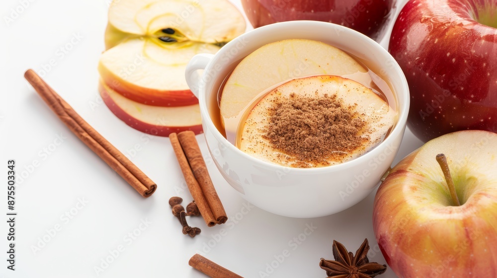 Realistic close-up of a cup of iced apple cinnamon infusion with apple slices Realistic close-up of a cup of iced apple cinnamon infusion with apple slices