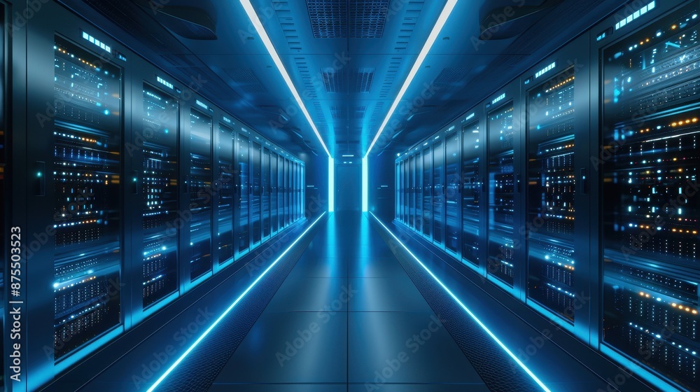 Futuristic Server Room With Bright Blue Lights. Generative AI Futuristic Server Room With Bright Blue Lights. Generative AI