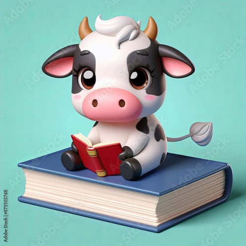 Cute Cow Sitting On Book Cartoon 3d  Generative AI