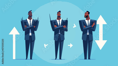 A black guy businessman standing on three ways arrows