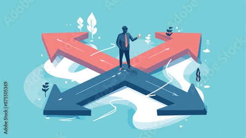 A black guy businessman standing on three ways arrows