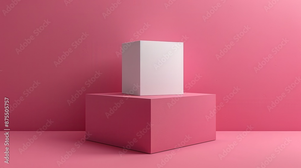 A white cube is placed on a pink cube platform in a minimalist, pink-colored room, showcasing simplicity and a modern architectural style. A white cube is placed on a pink cube platform in a minimalist, pink-colored room, showcasing simplicity and a modern architectural style.