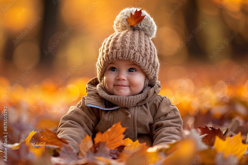 Adorable Baby in Warm Knitted Hat Sitting Among Autumn Leaves in Park Adorable Baby in Warm Knitted Hat Sitting Among Autumn Leaves in Park