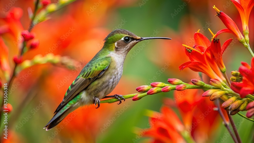 Annas Hummingbird Eying Crocosmia Flowers Annas Hummingbird Eying Crocosmia Flowers