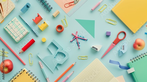 Various school supplies flat lay, playful design, light background, geometric shapes, creativity in learning.
