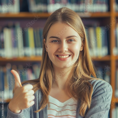 Student Girl Showing Thumbs Up, Young Woman in Library with Positive Gesture, Generative AI Illustration