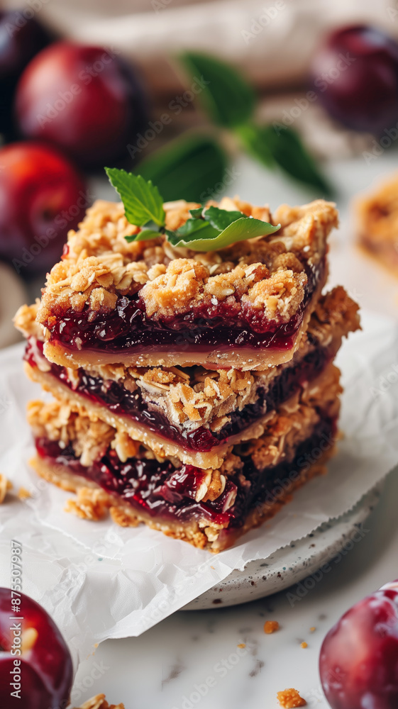 A Stack of Delicious Plum Crumble Bars With Fresh Mint Garnishing A Stack of Delicious Plum Crumble Bars With Fresh Mint Garnishing