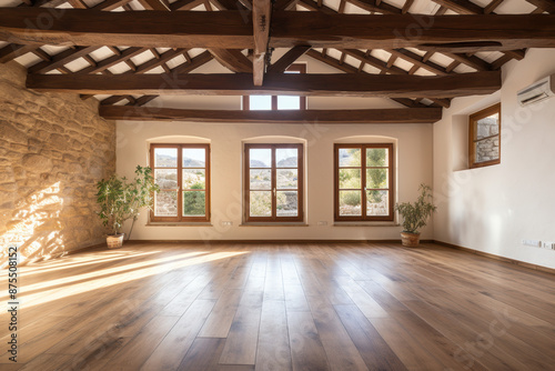 Open plan empty master with parquet floors, wooden beams and air conditioning in rustic style