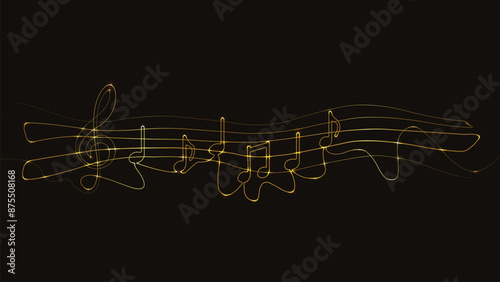 Music. Line art. Music notes. treble clef. Melody, classical music, sound design. Continuous gold Line Drawing. Musical symbols. Musical pentagram sound waves notes. Vector Illustration. Light banner.