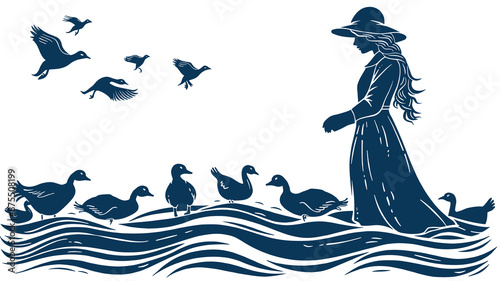 Elegant blue silhouette of a woman walking among ducks with birds flying, ideal for nature lovers and rustic decor