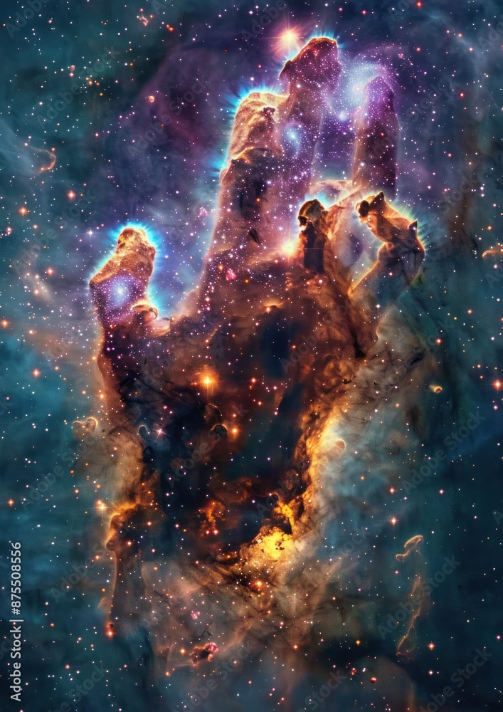Cosmic Hand Nebula - Stunning cosmic scene depicting a nebula in the shape of a hand, with vibrant colors and countless stars, showcasing the beauty of the universe.