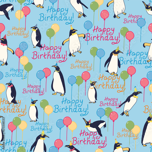 Party Penguins, Colorful Balloons and Happy Birthday on a Blue Background seamless pattern print background