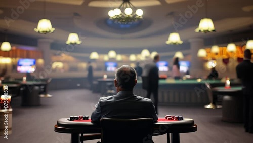 Man observing casino scene, time lapse depicting the thrill and suspense of high-stakes gambling table