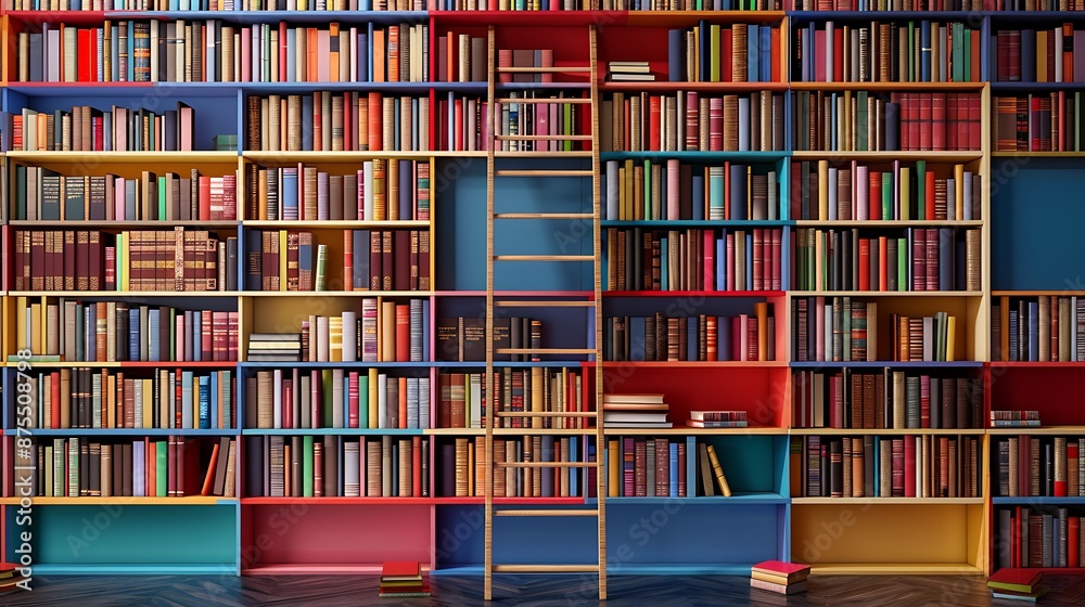 Modern library with colorful book-filled shelves, wooden ladder, and a detailed backdrop in minimalistic style. Modern library with colorful book-filled shelves, wooden ladder, and a detailed backdrop in minimalistic style.