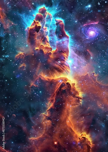 Cosmic Hand Nebula - Stunning cosmic scene depicting a nebula in the shape of a hand, with vibrant colors and countless stars, showcasing the beauty of the universe.