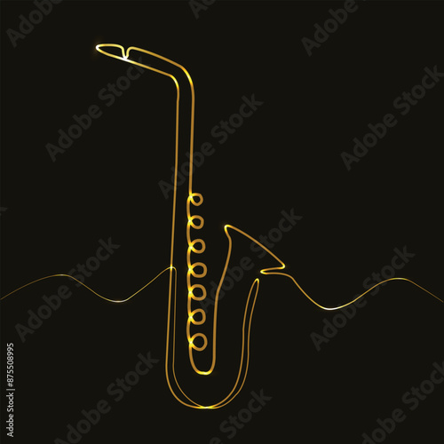 Saxophone. Line art. Glowing gold line. Musical instrument. Isolated on black background. Music concept. Concert and bar. Vector illustration. Party. 
