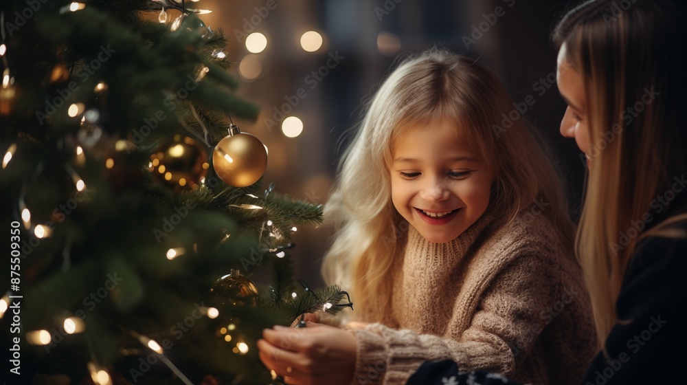 Happy parent helping their daughter decorate the house christmas tree , smiling young girl enjoying festive activities concept Happy parent helping their daughter decorate the house christmas tree , smiling young girl enjoying festive activities concept