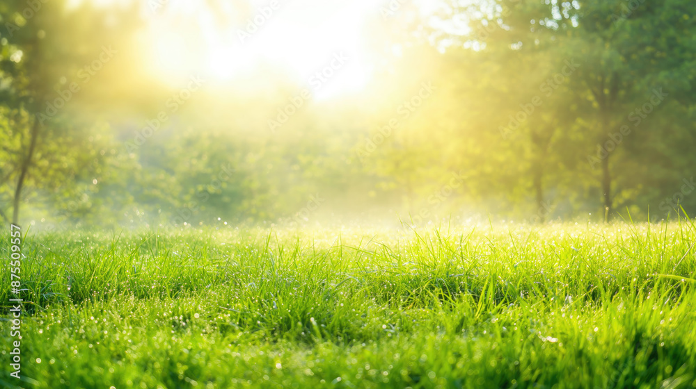 Beautiful summer nature landscape with green grass lawn and fog Beautiful summer nature landscape with green grass lawn and fog