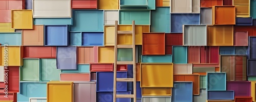 Modern minimalist library wall with colorful books and a wooden ladder against a detailed background.