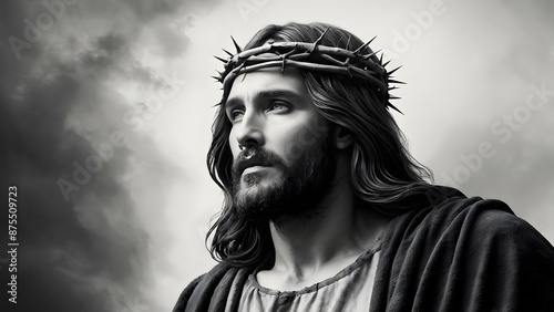 Black and white watercolor illustration of Jesus Christ with a crown of thorns with copy space.