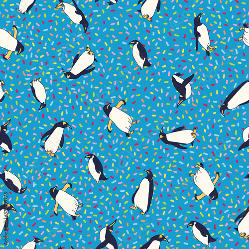 Party Penguins and Colorful Confetti on a Blue Background seamless pattern print background