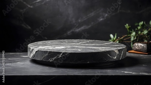 Empty grey marble tabletop with dark black cement stone background for product displayed in rustic mood and tone. luxury background for product stand with empty copy space for party, promotion.