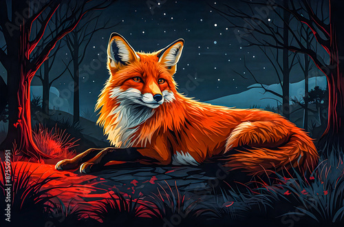 A fox sitting under the moonlight vector painting art illustration images.   © Ariyan