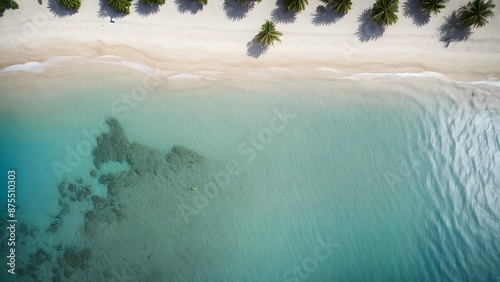Top view tropical island sand beach with palm trees, Summer holiday vacation concept.