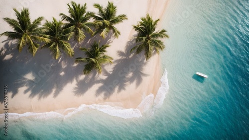 Top view tropical island sand beach with palm trees, Summer holiday vacation concept.