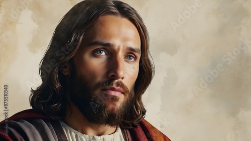 Watercolor portrait of Jesus Christ with copy space.