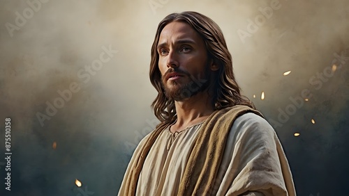 Watercolor portrait of Jesus Christ with copy space.