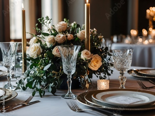 Wedding reception table setting with beautiful flowers, sparkling glassware and dishes, extra wide with copy space.