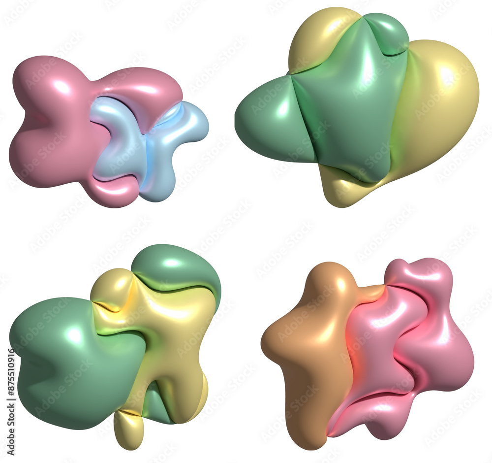 Multi-colored inflated blots with a shiny surface on an isolated background, 3D rendering illustration Multi-colored inflated blots with a shiny surface on an isolated background, 3D rendering illustration