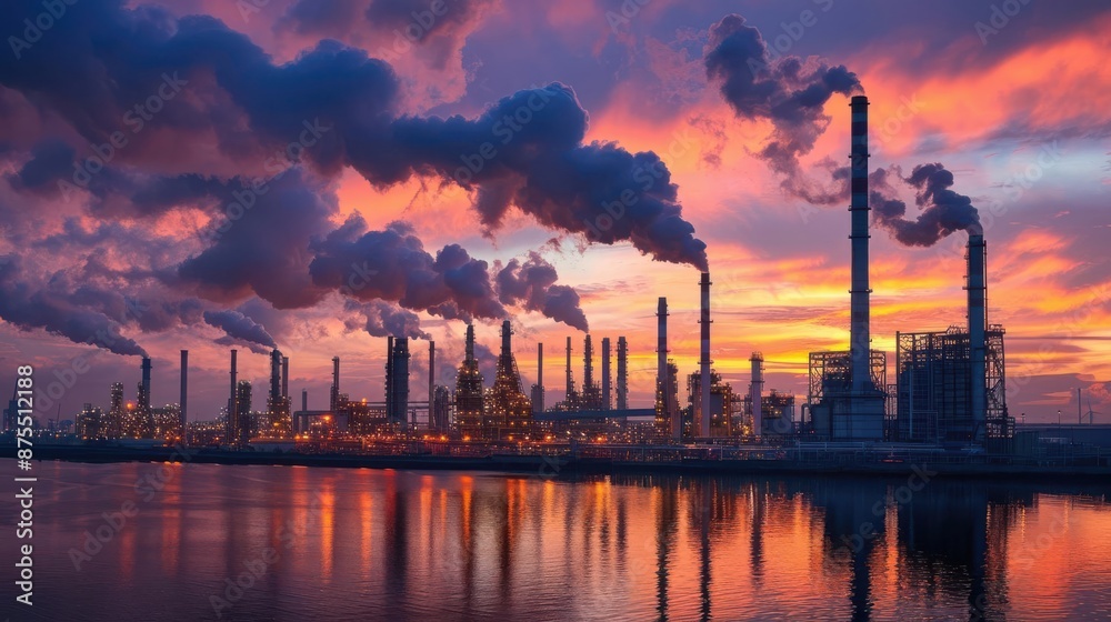 Naklejka premium An industrial plant with tall smokestacks spewing black smoke against a fiery sunset sky. The smoke reflects in the water, creating a dramatic and impactful image.