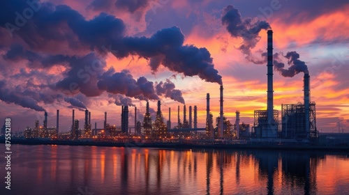 An industrial plant with tall smokestacks spewing black smoke against a fiery sunset sky. The smoke reflects in the water, creating a dramatic and impactful image.