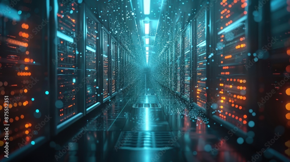 Fototapeta premium Futuristic Server Room With Glowing Data Particles. Generative AI