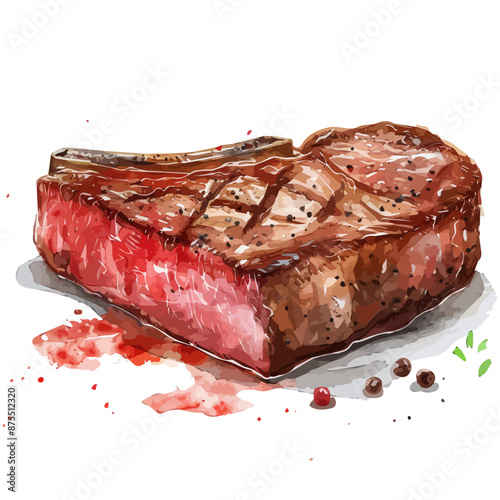 Watercolor drawing of steak, isolated on a white background, clipart image, Illustration painting, design art, steak vector, Graphic logo, drawing clipart. 