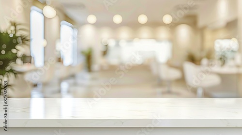 Empty white tabletop on blurred spa salon background for display your product