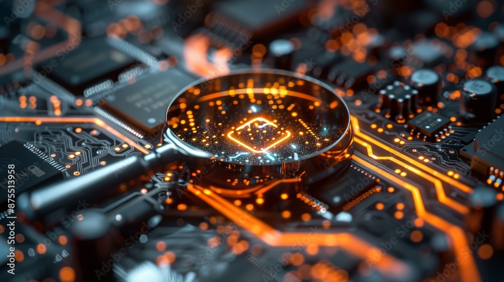 Fototapeta premium Close-up view of a magnifying glass inspecting an intricate electronic circuit board with glowing elements, symbolizing technological investigation and detailed examination